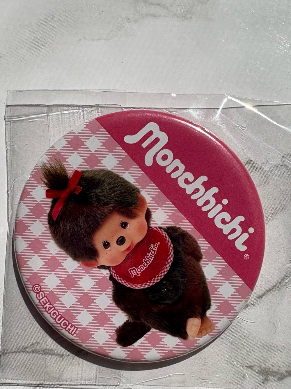 Sekiguchi Monchhichi Pink Gingham Button pin NEW kawaii